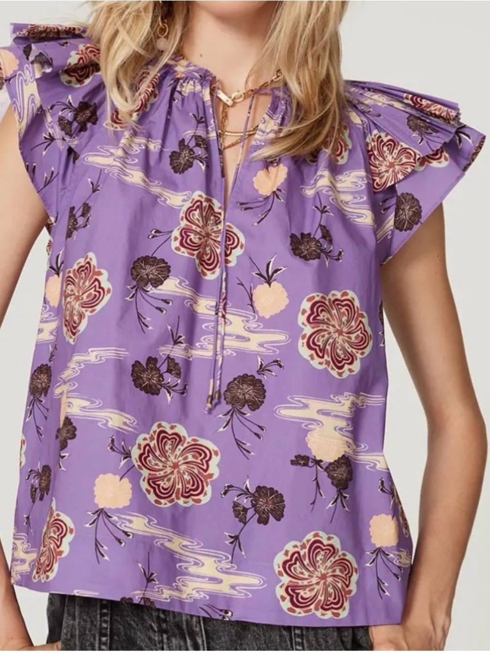Ulla Johnson Lavender Floral Tie-Neck Flutter Sleeve Blouse
